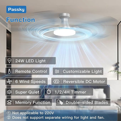 Passky Ceiling Fans with Lights, 60 inch Flush Mount Ceiling fan with Remote Control, Low Profile Ceiling Fan for Bedroom, Farmhouse, Reversible, 3CCT, Dimmable, Noiseless DC Motor, Silver