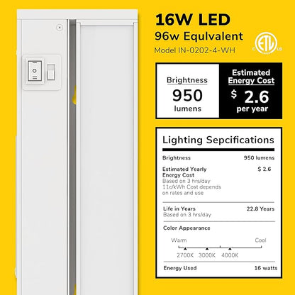 GETINLIGHT 32-inch Swivel LED Under Cabinet Lights, Glass Lens, Selectable White 2700K/4000K/5000K, Dimmable with Wall Dimmers, White Finish, IN-0202-4-WH