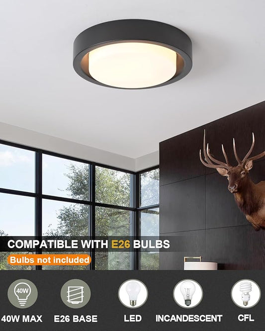 16 Inch Flush Mount Ceiling Light,3-Lights Black Finish with Frosted Glass Shade,Round Ceiling Light Fixture for Bedroom Livingroom Kitchen