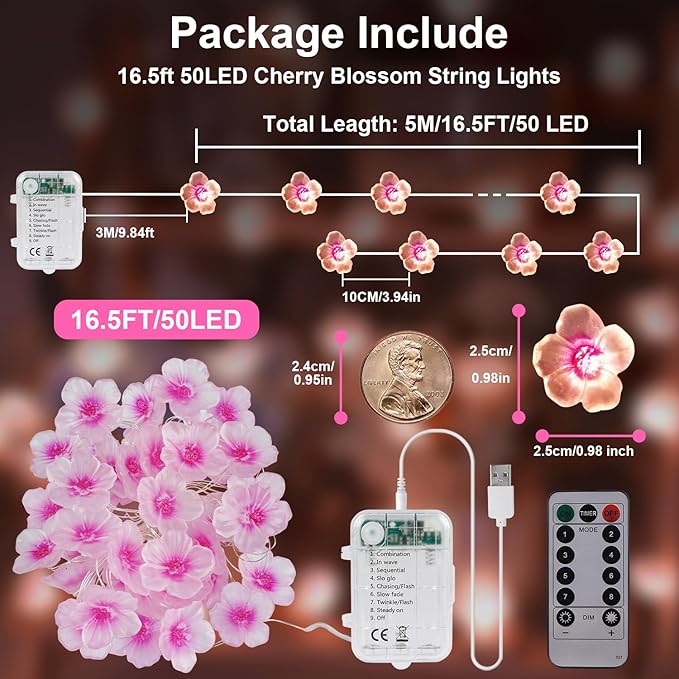 OMIKA Battery Operated String Lights Indoor, 16.5FT 50 LED Cherry Blossom Bedroom Lights, Warm White Flower Light Decorative for Room Dressing Table Dorm Party Easter Girl Mom Gift Wedding Christmas