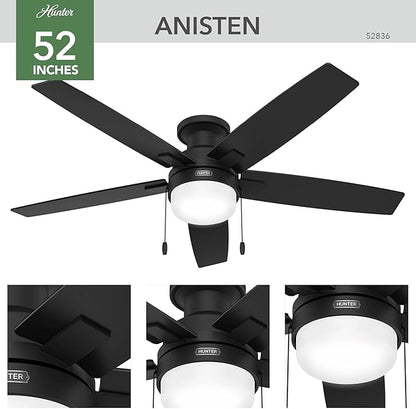 Hunter Ceiling Fan with LED Light - Black Ceiling Fan with Pull Chain, For Bedroom or Living Room, Standard Mount, No Remote, 5 Blades, Includes Bulbs - Anisten (Matte Black, 52 Inch)