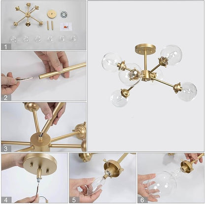 KSANA Gold Semi Flush Mount Ceiling Light, 6-Light Modern Close to Ceiling Hallway Light Fixtures with Clear Glass Globe for Bedroom, Kitchen