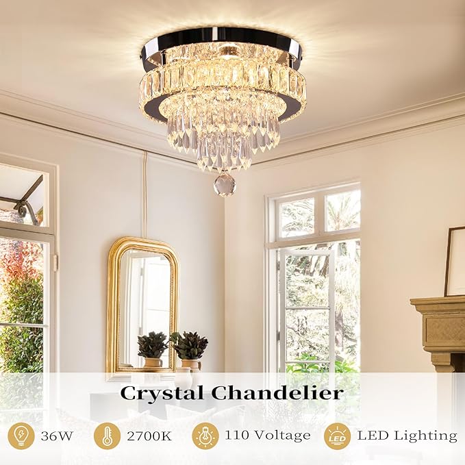 Finktonglan 11.8" Crystal Chandeliers, Modern Crystal Ceiling Light LED Small Chandeliers Semi Flush Mount Chandelier Room Light for Bedrooms Living Room Hallway (2700K Warm Light)