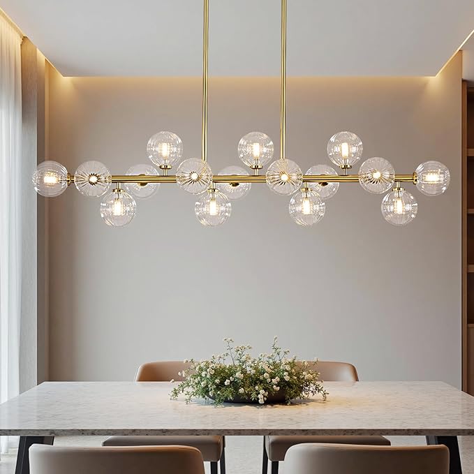 55" Long Brass Gold Chandeliers for Dining Room Kitchen Island, Large Globe Sputnik Linear Chandelier, 16 Lights Mid Century Modern Light Fixture Over Table, Clear Bubble, GC-08