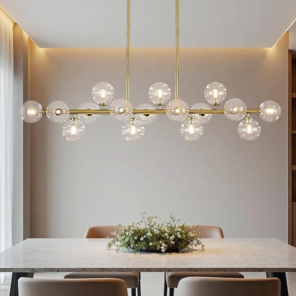 55" Long Brass Gold Chandeliers for Dining Room Kitchen Island, Large Globe Sputnik Linear Chandelier, 16 Lights Mid Century Modern Light Fixture Over Table, Clear Bubble, GC-08