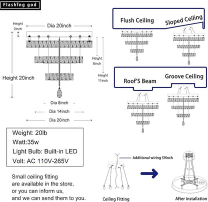 Flashing God Dia 20" Modern Crystal Chandelier for Dining Room Silver Ceiling Chandelier Flush Mount Ceiling Light for Living Room Bedroom Hallway LED Light Fixture Dimmable with Remote