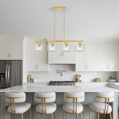 4-Light Brushed Gold Kitchen Island Lighting, Modern Linear Dining Room Chandelier Light Fixtures with Clear Glass and Chain, Mid Century Hanging Lights for Kitchen Island, OS-YQ8153-4ISBGC