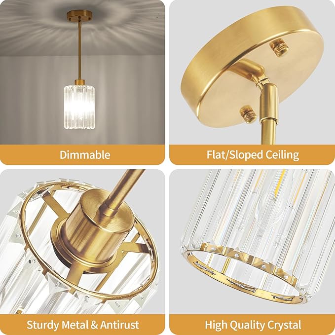 3 Pack Brushed Brass Pendant Lights Kitchen Island, Modern Crystal Pendant Lighting Over Island Kitchen Hanging Light Fixtures Adjustable Pendant Light for Dining Room Bathroom Entryway Hallway Foyer
