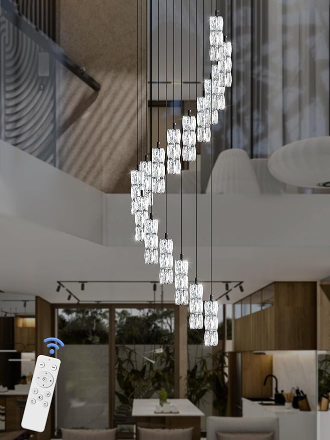 ykolupty H110 Chandelier for High Ceiling 16-Lights Crystal Chandeliers with Remote Large Pendant Light for Living Room Staircase Villa