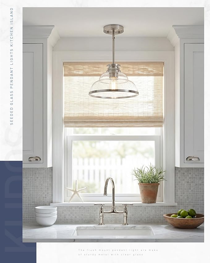 kudos Pendant Lights Kitchen Island, 11" Brushed Nickel Kitchen Island Lighting with Seeded Glass, Farmhouse Pendant Light fixtures for Kitchen Sink Dining Room Hallways, KDPL14-BN