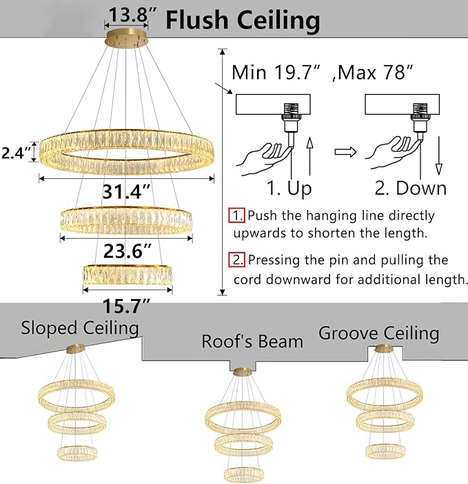 HAIXIANG Modern Glam Chandelier Crystal LED Remote Rings Chandelier Adjustable Hanging Ceilings Pendant Lights Fixture Gold 16"+24"+32" Rings Lighting