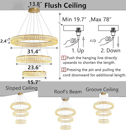 HAIXIANG Modern Glam Chandelier Crystal LED Remote Rings Chandelier Adjustable Hanging Ceilings Pendant Lights Fixture Gold 16"+24"+32" Rings Lighting
