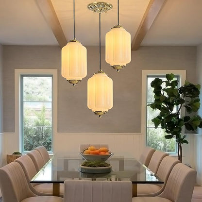 Milk Glass Pendant Light, 5.5 Inch White Adjustable Cord Hanging Lamp, Dimmable E26 Base Vintage Pendant Light Fixture for Bedroom Bathroom Entryway