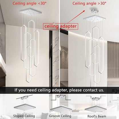 6 Rings Modern Chandelier LED Dimmable Long Large High Ceiling Chandelier Adjust Flush Mount Ceiling Light for Entrance Foyer Lobby Staircaes