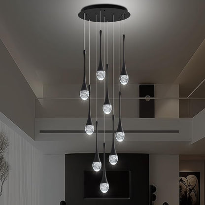 Modern Crystal Chandelier 10-Lights Black, H98.5'' High Ceiling Spiral Dimmable LED Bubble Crystal Raindrop Light Fixture for Foyer Entryway Dining Room Remote Control