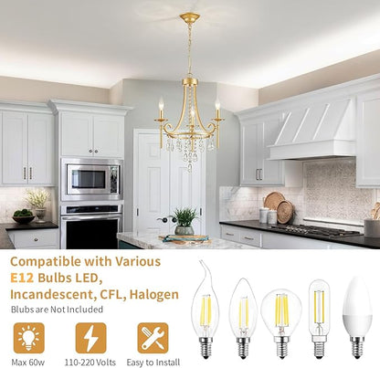 Small Crystal Chandelier, 3-Lights Modern Crystal Chandeliers for Dinning Room, Wagon Wheel Gold Chandelier, Farmhouse Hanging Pendant Light Fixture for Bedroom Hallway Entryway Bar Kitchen Bathroom