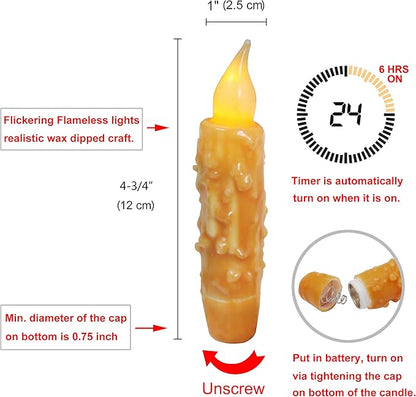 CVHOMEDECO. Real Wax Hand Dipped Battery Operated LED Timer Taper Candles Rustic Primitive Flameless Lights Decor, 4-3/4 Inch, Orange, 2 PCS in a Package