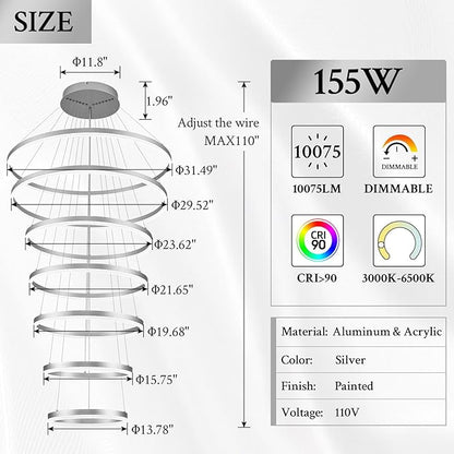 7-Rings D31.5’’ Modern LED Chandelier Silver Dimmable High Ceiling Chandeliers Foyer with Remote Control for Staircase Entryway Dining Room Living Room, 3000K-6500K