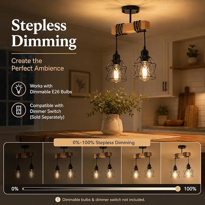 2 Light Farmhouse Ceiling Light,Pendant Light Kitchen Island,Dining Room Chandelier Light Fixture Over Table,Rustic Hanging Light for Kithen,Dining Room,Real Wood,Black Metal Cage