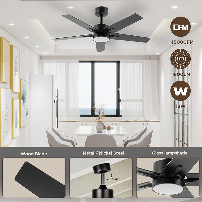 Ceiling Fan with Light Remote: 42 Inch Modern Fans with Dimmable Tri-Color Temperature LED - Quiet Reversible DC Motor for Home Office Bedroom