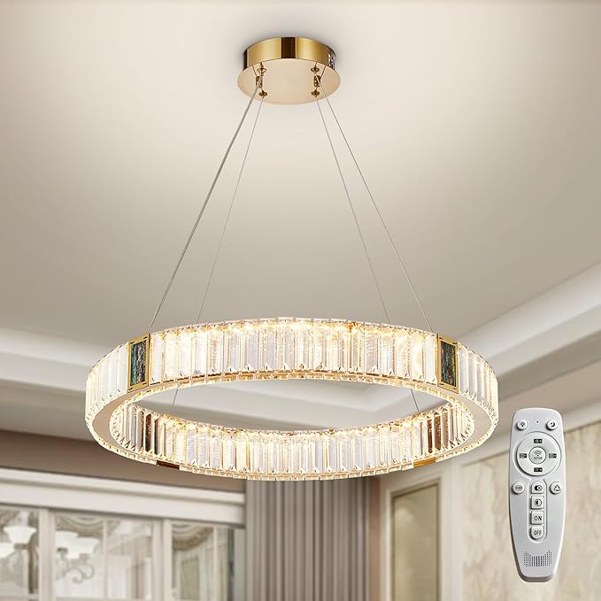 Depuley Modern LED Crystal Chandeliers: 23.6" Ring Chandelier Hanging Crystal Ceiling Light Fixture - 30W Adjustable Height Pendant Light for Living Room Dining Room Bedroom Foyer