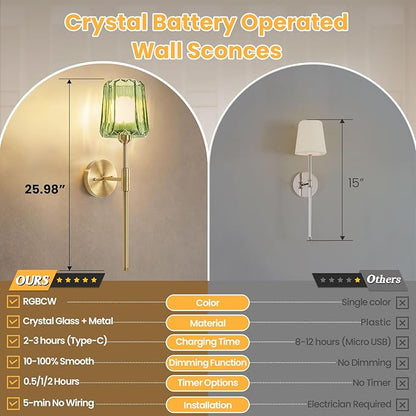 Crystal Battery Operated Wall Sconces Set of 2, Green Rechargeable Wireless Wall Sconce Lights with Crystal Lampshade, 12 RGB and 3CCT Dimmable Wall Lamps for Bedroom Living Room Hallway Decor, 2 Pack