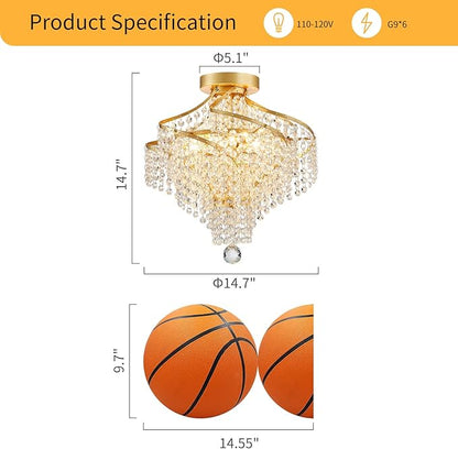 WUZUPS Crystal Chandelier Semi Flushmount Ceiling Light Modern Lighting Fixture for Bedroom Hallway Bar Kitchen Bathroom, H 14.7" x W 14.7", Gold, G9 Base