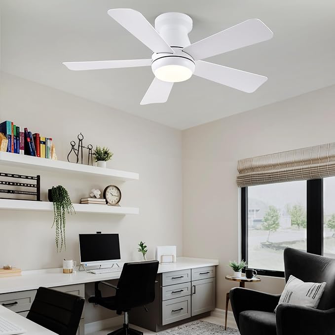 Hounberi Ceiling Fans with Light and Remote,40" White Flush Mount Ceiling Fan with Dimmable LED,6 Speeds DC Reversible,Timer, Noiseless, Indoor Low Profile Ceiling Fans for Bedroom,Kitchen