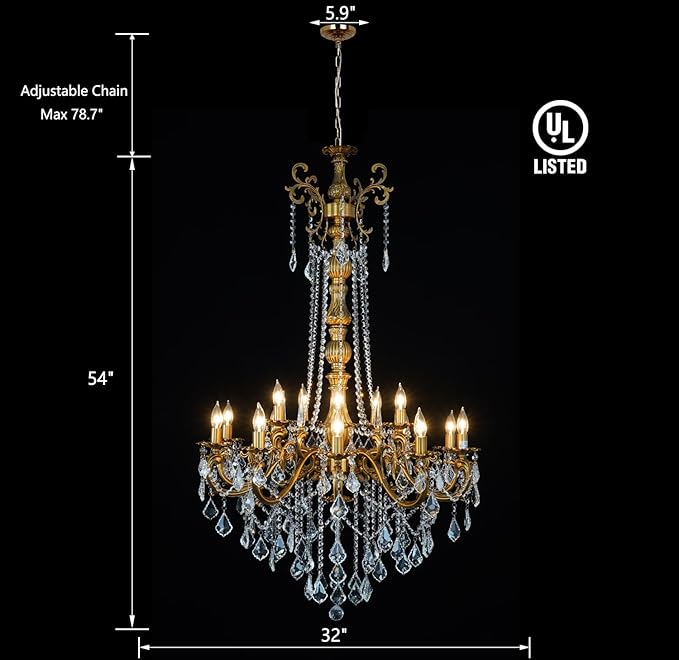 Antique Gold Crystal Chandeliers for High Ceiling H54, 15 Lights Large Luxury Crystal Candle Style Chandelier Light Fixture, Foyer Entryway Staircase Oversize Round H54 D32