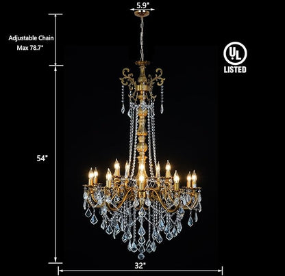 Antique Gold Crystal Chandeliers for High Ceiling H54, 15 Lights Large Luxury Crystal Candle Style Chandelier Light Fixture, Foyer Entryway Staircase Oversize Round H54 D32
