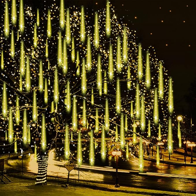 Adecorty Christmas Lights Outdoor, UL Certified Falling Rain Drop Light 8 Tubes 192 LED Meteor Shower Snow Dripping Icicle Lights for Xmas Tree Christmas Decorations Holiday Party, Warm White