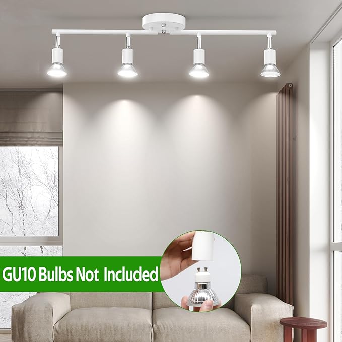 AIBOO Track Lighting Kit, Modern White Ceiling Spot Lighting with Flexibly Rotatable Light Heads, 4 Track Lights for Room/Hallway/Kitchen (GU10 Bulbs Not Included)