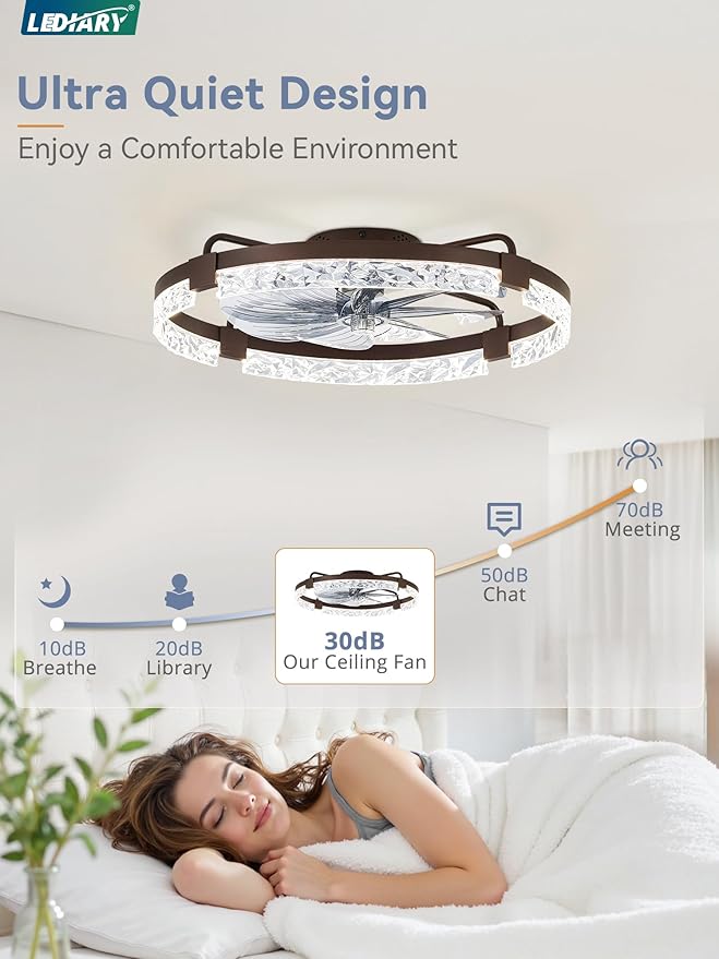 LEDIARY 24 Inch Low Profile Ceiling Fans with Lights and Remote, Flush Mount Fandelier Ceiling Fan, 3000K-6000K Dimmable LED Fan Light, Brown Modern Ceiling Fans with Lights for Bedroom