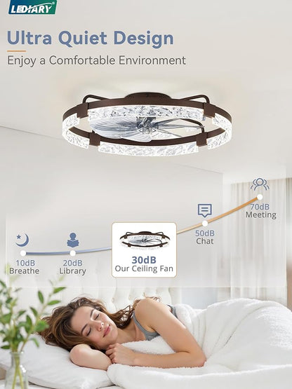 LEDIARY 2 Pack 24 Inch Low Profile Ceiling Fans with Lights and Remote, Fandelier Modern Ceiling Fan, 3000K-6000K Dimmable LED Fan Light, Brown Flush Mount Ceiling Fans with Lights for Bedroom