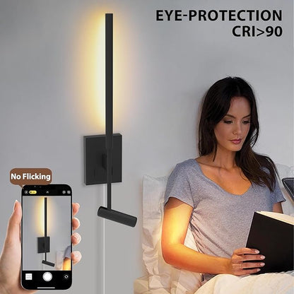 Modern Plug in Wall Sconce Indoor Wall Light Set of two for Bed, Corded Minimalist Bedside Linear Wall Sconce With Switch, Adjustable Black Wall Mount lamp for Living Room Bedroom Hallway Reading etc
