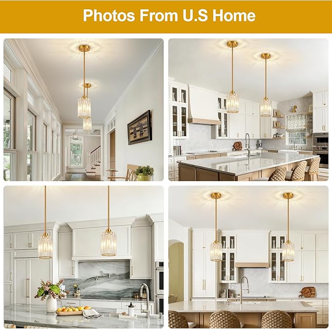 3 Pack Brushed Gold Pendant Lights Kitchen Island, Modern Crystal Chandelier Kitchen Pendant Lighting Over Island, Adjustable Hanging Mini Light Fixtures for Dining Room Hallway Corridor Bedroom