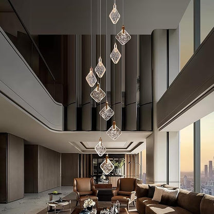 Staircase Crystal Chandelier 10-Light Pendant Light, Modern Square LED H118 High Hanging Ceiling Fixture with Gold Base for Living Room, Dining Room, Kitchen, and Hallway