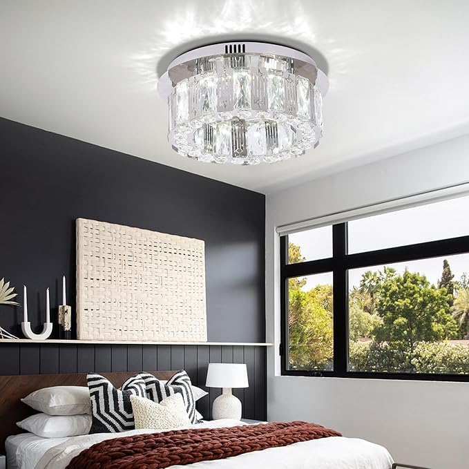11.8" Modern Crystal Chandelier LED Ceiling Light Flush Mount Mini Ceiling Light Fixtures Crystal Round Chandeliers for Hallway Bedroom Cool White