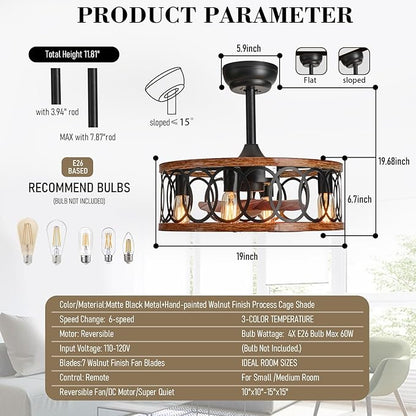 19" Industrial Caged Ceiling Fans with Light 4-Lights Farmhouse Flush Mount Fandelier Walnut Wood Metal Chandelier Fan Remote 6 Wind Speed Reversible for Bedroom Dining/Living Room Kitchen Entry