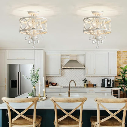 Crystal Ceiling Light Fixture, Modern Semi Flush Mount Ceiling Light, 4-Light White Round Crystal Chandelier Hallway Lighting Fixtures for Bedroom Bathroom Foyer Entryway Dining Room Kitchen