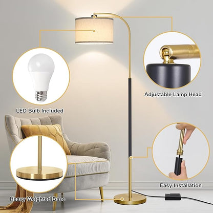 Dimmable Floor Lamp for Living Room, Arc Floor Lamps with Adjustable Drum Shade Pedal Switch, Black and Gold Tall Standing Lamp with 9W LED Bulb, Modern Reading Light Pole Lamp for Bedroom, Office