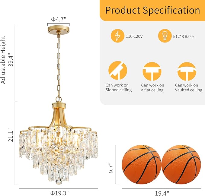 WUZUPS Crystal Chandelier Pendant Ceiling Light Modern Lighting Fixture for Bedroom Hallway Entry Kitchen Bathroom, H 21.1" x W 19.3", E12 Base, Gold