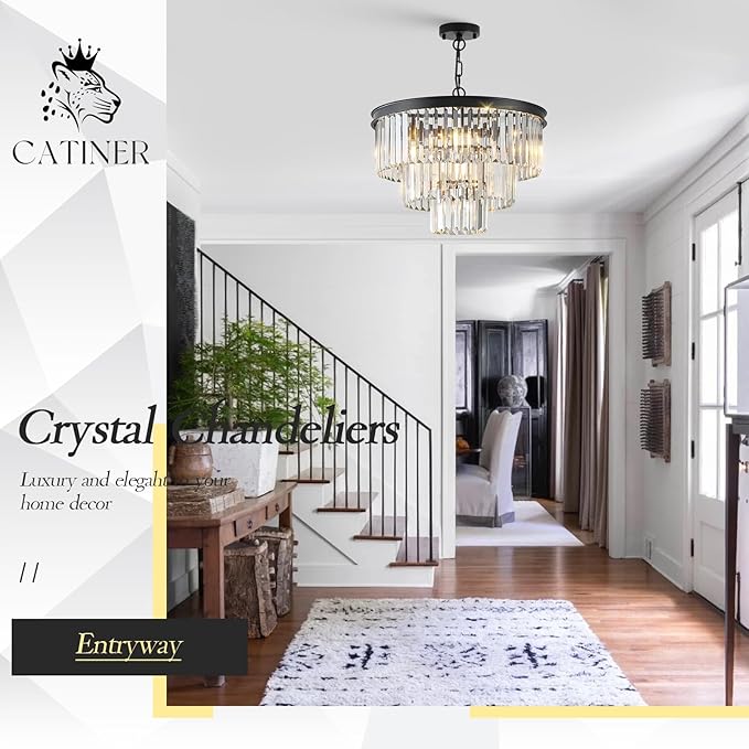 CATINER Black Crystal Chandeliers, 20” Modern Chandeliers for Dining Room 3 Tiers 7 Lights Luxury K9 Crystal Ceiling Pendant Round Light Fixture for Foyer Kitchen Bedroom Closet