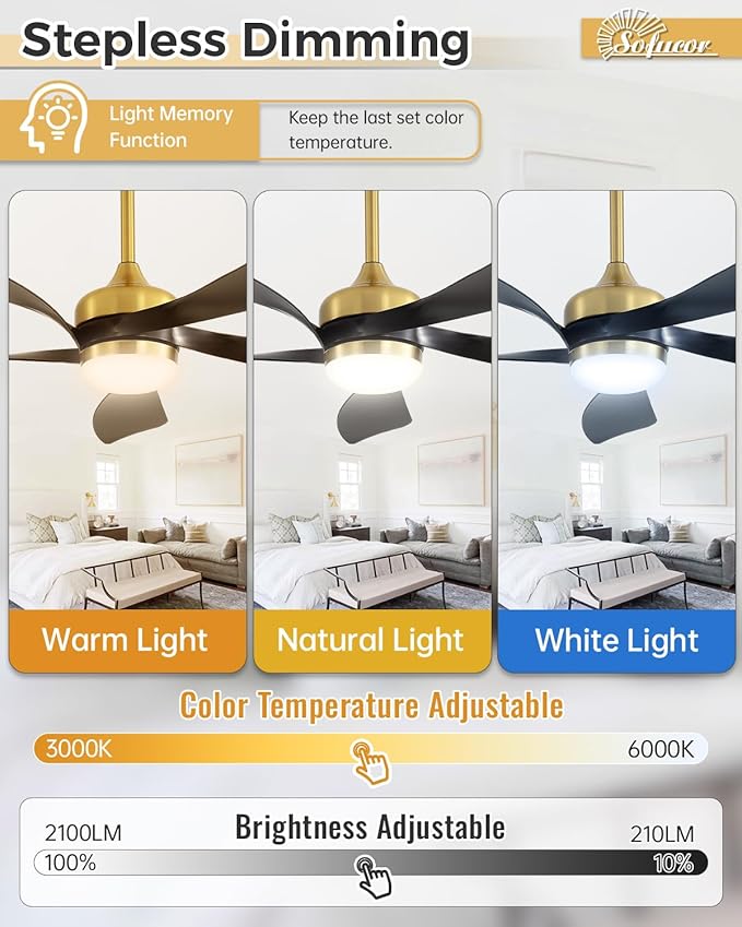 Sofucor 52" Smart Ceiling Fan, Indoor/Outdoor Ceiling Fans with Lights and Remote, Compatible with Alexa/Google/App, 3-Color Light 6-Speed Timing Reversible DC Motor for Bedroom Living Room Patio