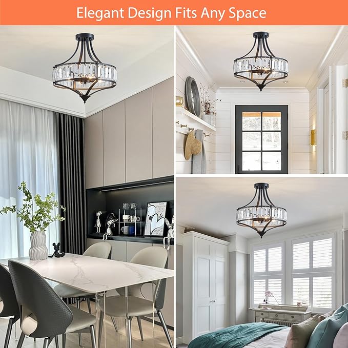 Black Crystal Chandelier Semi Flush Mount Ceiling Light Fixture Round Rustic Farmhouse 4-Light Mid Century Modern Chandelier for Hallway, Bedroom, Foyer, Entryway, Closet