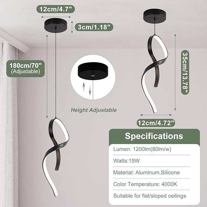 Modern Pendant Light Fixture,4500K LED Pendant Lights Kitchen Island Lighting, Adjustable Height Hanging Light for Kitchen Sink Dining Room Bedroom,1 Pack (Black)