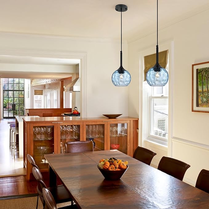 Glass Pendant Lights Kitchen Island: 5.91'' 2-Pack 1-Light Blue Hammered Glass Pendant Light with Black Finish - Modern Minimalist Hanging Light Fixture for Kitchen Sink Dining Room Bedroom