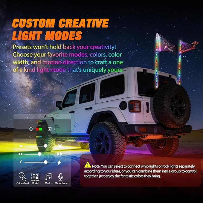 Nilight 2PCS 4FT RGB LED Whip Light with Spring Base and 6 PCS Rock Lights Combo, Remote App Control w/DIY Chasing Patterns Turn Signal Brake Reverse Antenna Lighted Whips for ATV UTV Polaris RZR Jeep