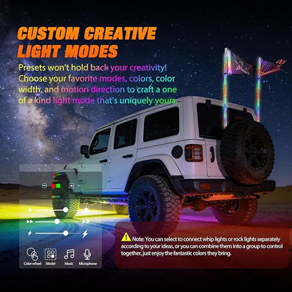 Nilight 2PCS 4FT RGB LED Whip Light with Spring Base and 8 PCS Rock Lights Combo, Remote App Control w/DIY Chasing Patterns Turn Signal Brake Reverse Antenna Lighted Whips for ATV UTV Polaris RZR Jeep