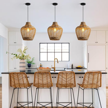 Brown Rattan Pendant Lights Kitchen Island 11.8in Boho Wicker Light Fixture Farmhouse Woven Chandelier Rustic Hanging Lighting for Bedroom Dining Room Restaurant Entryway Hallway Bar